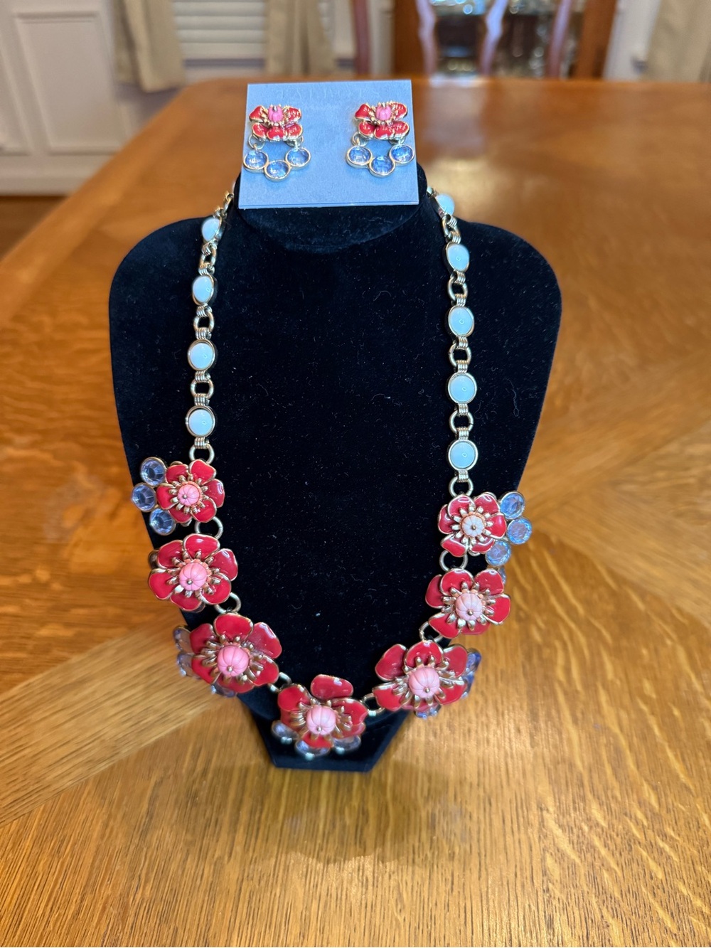 Talbots Pink and Light Blue Floral Necklace with Matching Earrings